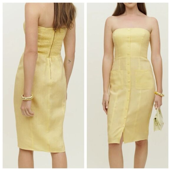 NWT Reformation Midi Dress Linen Butter Yellow Strapless Prescott size 12 - Picture 2 of 9